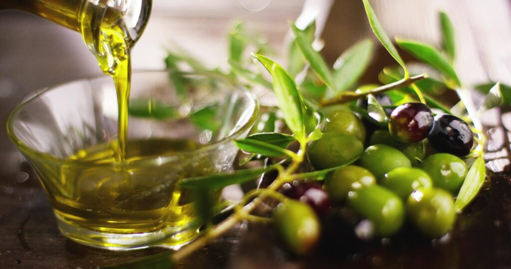 Extra vierge olijfolie en takje olijven, landen rond Middellandse Zee