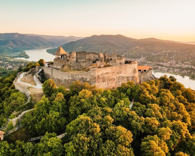 Aerial view about the Visegrad castle in Hungary, near to Danube river and slovakia. Hungarian name is Visegradi fellegvar. Discover the beauties of Hungary castle.